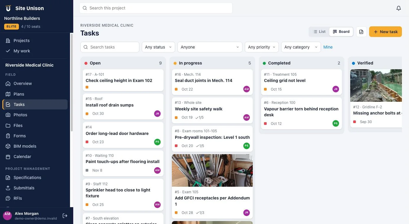 Site Unison tasks screen
